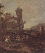 unknow artist An architectural capriccio with a cavalry engagement,a landscape beyond oil painting
